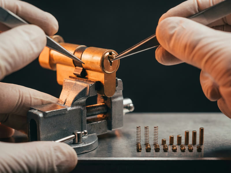 A lock cylinder clamped in a vise being re-pinned with tweezers, rekeying and key duplication