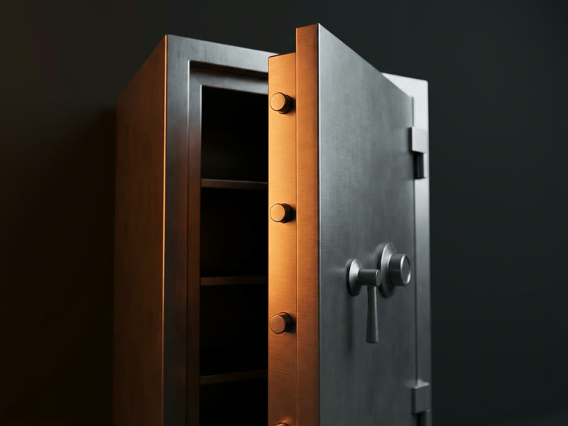 A heavy steel safe standing ajar with warm light spilling from inside, safe opening and combination changes